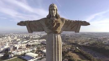 Christ the King statue in lisbon, portugal, aerial shot Stock Video ...
