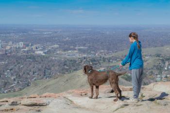 Little girl with a big brown dog is standing near a cliff