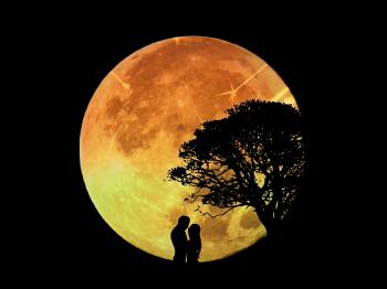 Lovers in front of a large moon