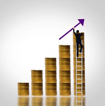 Man climbing coin stack - Money growth