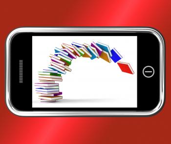 Mobile Phone With Falling Books Shows Online Knowledge