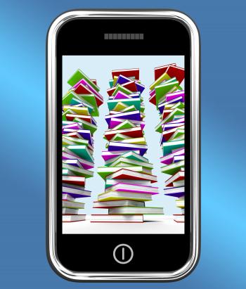Mobile Phone With Stacks Of Books Shows Online Knowledge
