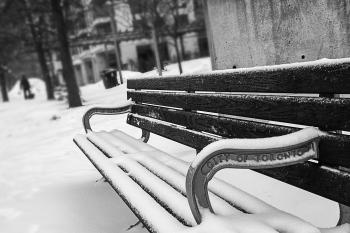Monochrome Photography of Bench Covered with Snow