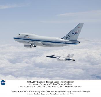NASA's modified Boeing 747SP SOFIA and a NASA F/A-18 chase.