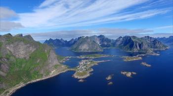 Aerial view of coastline with fjords and coastal tourist road ...