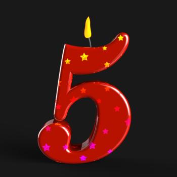 Number Five Candle Shows Cake Decoration Or Birthday Cake