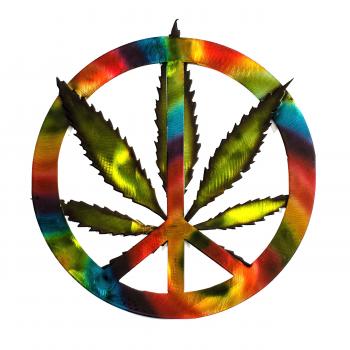 Features a Cannabis leaf woven and welded inside a peace sign. The ...
