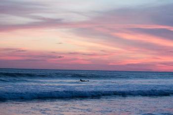 Panoramic Photography of Surfing Man at Sunset