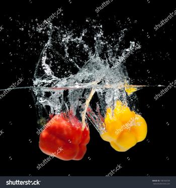 Fresh Paprika Splash Water On Black Stock Photo (Royalty Free ...