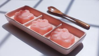 Paw Shape Jell-o on Pink Ceramic Container Near Brown Wooden Tablespoon