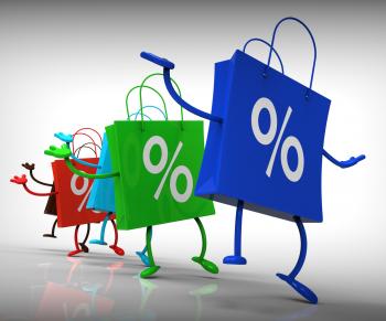 Percent Sign On Shopping Bags Showing Bargains