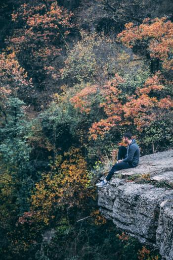 Photography of Man Wearing Black Hoodie With Black Pants Sitting on Stone Cliff Above Green and Red Leaved Forest