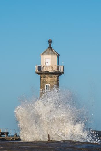 Waves At Whitby East Pier Lighthouse - A5 Greetings Card - Whitby ...