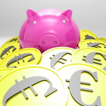 Piggybank Surrounded In Coins Showing European Incomes