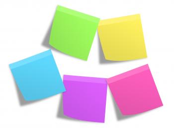 Pink Green Yellow Blue and Purple Sticky Note Mounted on White Painted Wall