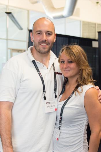 Posed portrait of Matthew Carrell of Stompz and girlfriend Kristina Mullen at SVVR expo (full upper bodies)