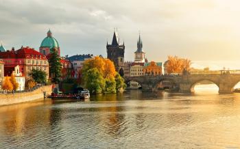 Prague, Charles Bridge, Czech Republic, Vltava, river, boat, autumn ...