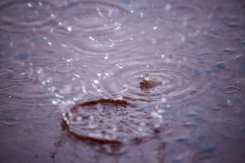 Rain drops splash on water puddle