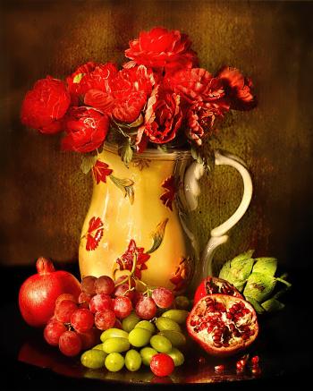 Red Petaled Flowers in White Red Floral Ceramic Vase Beside Red and Green Grapes