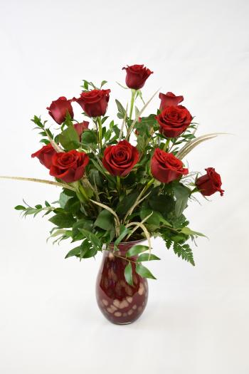 Red roses in beautiful blown glass vase in Monroe, WA | Monroe Floral