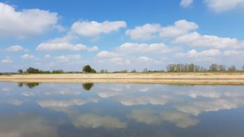 Reflection-of-blue-sky-and-white-clouds-in-water-like mirror