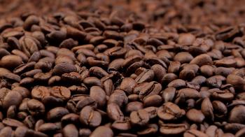 Aromatic brown roasted coffee beans falling on heap and filling the ...