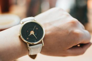 Round Gold-colored Black Analog Watch With Grey Leather Band