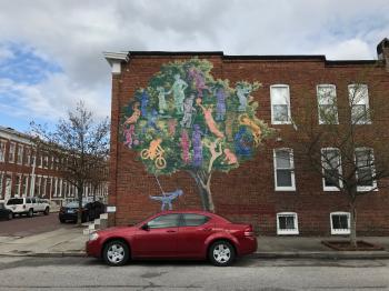 Rowhouses and mural, 401 E. Whitridge Avenue, Baltimore, MD 21218