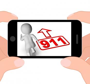 Running Character And 911 Nine One Displays Emergency Help Rescue