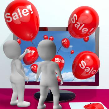 Sale Balloons Coming From Computer Showing Internet Promotion And Redu