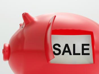 Sale Piggy Bank Shows Reduced Price And Bargains