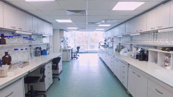 Research laboratory interior. Point of view empty science laboratory ...