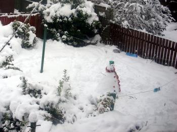 Snowman in a snow-covered garden