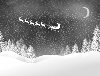 Snowy Christmas night landscape with Santas sled and reindeer