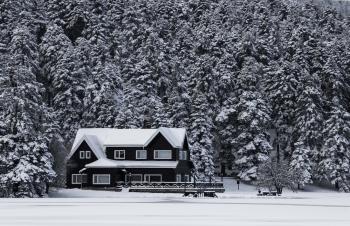 Snowy House Grayscale Photo