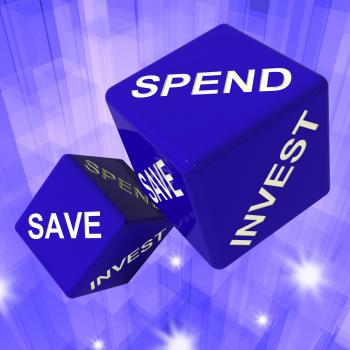 Spend, Save, Invest Dice Background Shows Finances And Debts