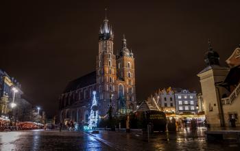 St Mary's Basilica (Kościół Mariacki) during Christmas, Krakow Poland