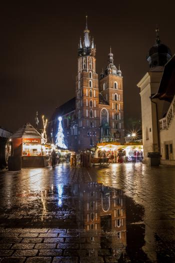 St Mary's Basilica (Kościół Mariacki) during Christmas, Krakow, Poland