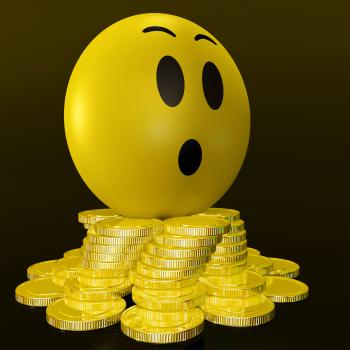 Surprised Smiley With Coins Shows Unexpected Earnings