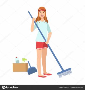Woman Sweeping A Floor With Broom, Cartoon Adult Characters Cleaning ...