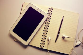Free picture: mobile phone, telephone, paper, notebook, headphones