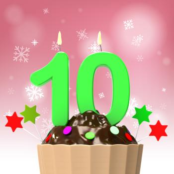Ten Candle On Cupcake Shows Colourful Event Or Birthday Party