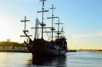 Tourist old sailing ship Galleon enters the harbor