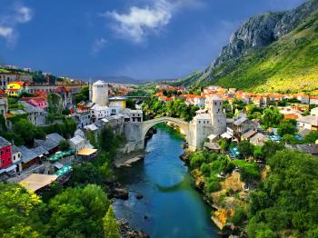 Wallpaper bridge, mountains, nature, houses, trees, landscape, town ...