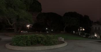 Trees and walkway outside Tolman Hall entrance at night