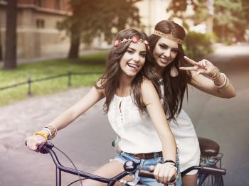 Image Brunette girl Smile Bicycle handlebar bike Two Girls 2048x1536