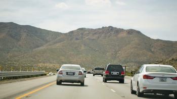 Vehicles on Desert Highway, Freeway Road with Cars Driving, Mountain ...