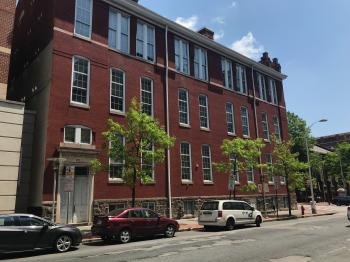 View from Greene Street, Male Grammar School No. 1/Edgar Allan Poe School/Maryland Bar Center (1880; Francis E. Davis, architect), 520 W. Fayette Street, Baltimore, MD 21201