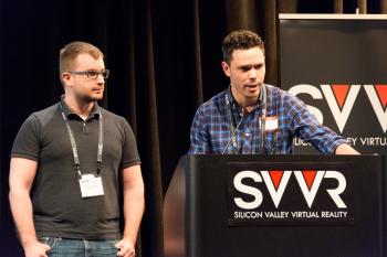 Vladimir Vukicevic and Josh Carpenter (speaking) of Mozilla giving 60 Second Pitch at SVVR