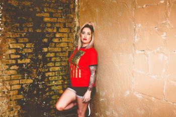 Woman in Red and Brown Crew-neck T-shirt
